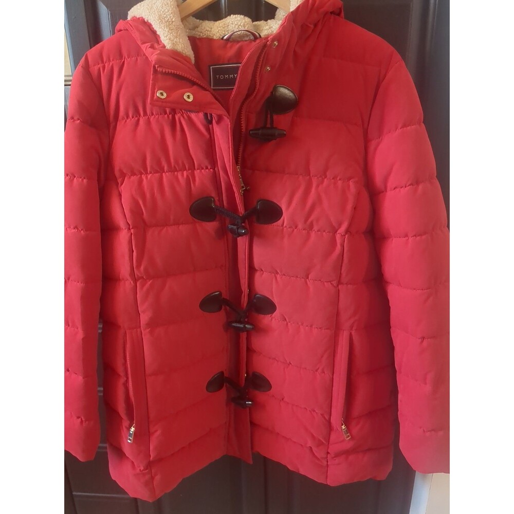 Ladies Tommy Hilfiger Red Puffer Toggle Jacket Coat Sherpa Hood sz L
